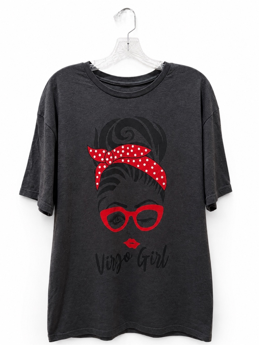 Virgo Girl Graphic T-Shirt Charcoal Gray Red Bandana Tee XL NWOT